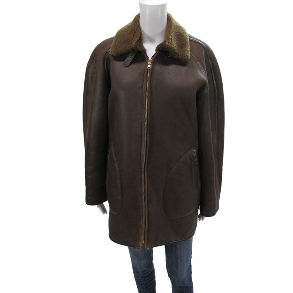 Kenzo Paris Women Brown Military Jacket Wool Leather Zip Collar Size 40